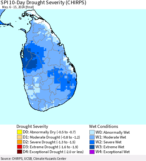 Sri Lanka SPI 10-Day Drought Severity (CHIRPS) Thematic Map For 5/6/2024 - 5/15/2024