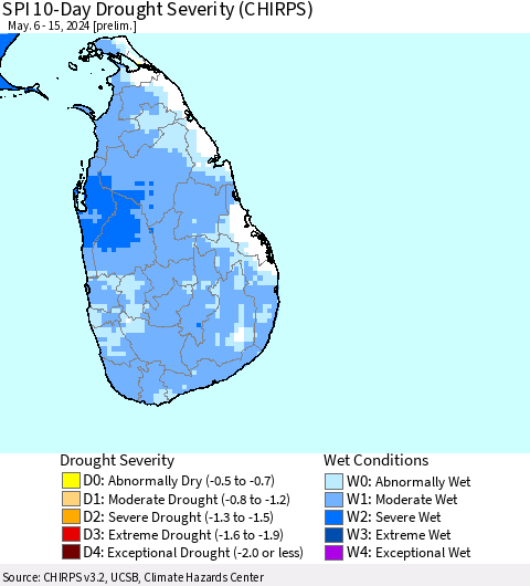 Sri Lanka SPI 10-Day Drought Severity (CHIRPS) Thematic Map For 5/6/2024 - 5/15/2024