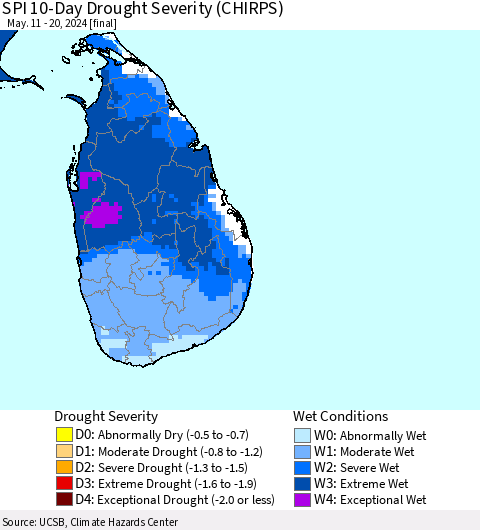 Sri Lanka SPI 10-Day Drought Severity (CHIRPS) Thematic Map For 5/11/2024 - 5/20/2024