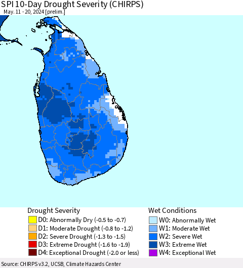 Sri Lanka SPI 10-Day Drought Severity (CHIRPS) Thematic Map For 5/11/2024 - 5/20/2024