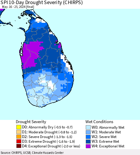 Sri Lanka SPI 10-Day Drought Severity (CHIRPS) Thematic Map For 5/16/2024 - 5/25/2024