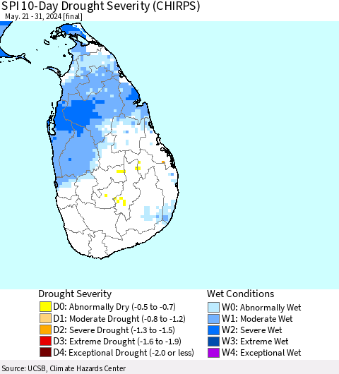 Sri Lanka SPI 10-Day Drought Severity (CHIRPS) Thematic Map For 5/21/2024 - 5/31/2024
