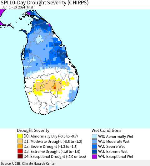 Sri Lanka SPI 10-Day Drought Severity (CHIRPS) Thematic Map For 6/1/2024 - 6/10/2024