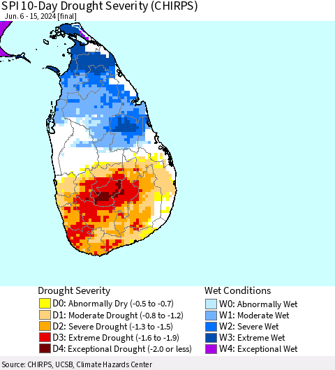 Sri Lanka SPI 10-Day Drought Severity (CHIRPS) Thematic Map For 6/6/2024 - 6/15/2024