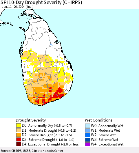 Sri Lanka SPI 10-Day Drought Severity (CHIRPS) Thematic Map For 6/11/2024 - 6/20/2024