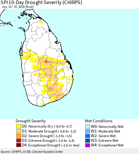 Sri Lanka SPI 10-Day Drought Severity (CHIRPS) Thematic Map For 6/16/2024 - 6/25/2024