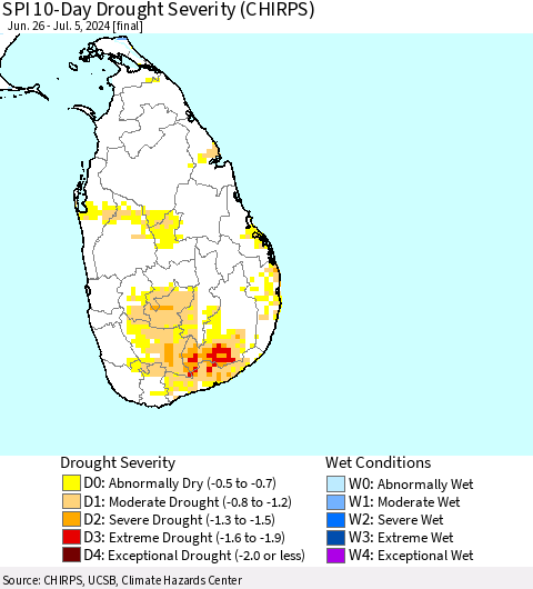 Sri Lanka SPI 10-Day Drought Severity (CHIRPS) Thematic Map For 6/26/2024 - 7/5/2024