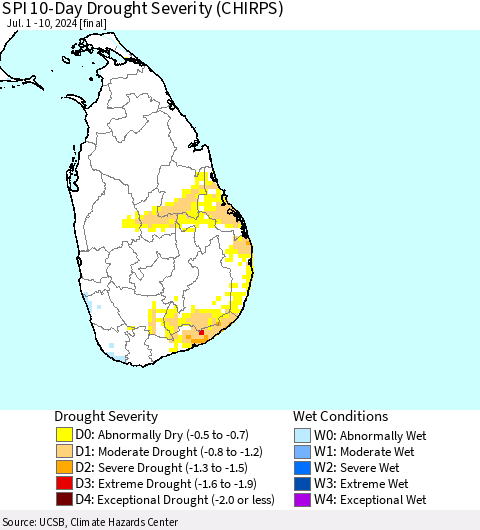 Sri Lanka SPI 10-Day Drought Severity (CHIRPS) Thematic Map For 7/1/2024 - 7/10/2024