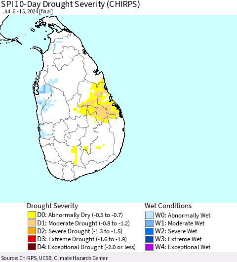Sri Lanka SPI 10-Day Drought Severity (CHIRPS) Thematic Map For 7/6/2024 - 7/15/2024