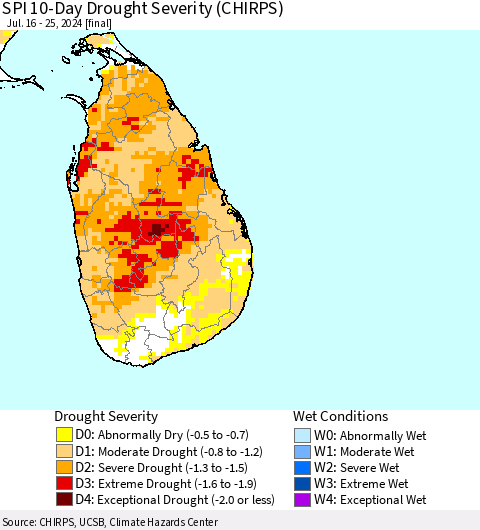 Sri Lanka SPI 10-Day Drought Severity (CHIRPS) Thematic Map For 7/16/2024 - 7/25/2024