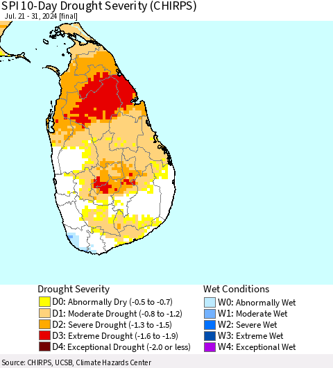 Sri Lanka SPI 10-Day Drought Severity (CHIRPS) Thematic Map For 7/21/2024 - 7/31/2024