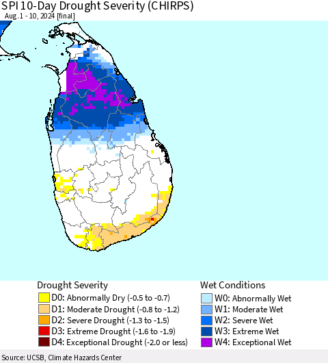 Sri Lanka SPI 10-Day Drought Severity (CHIRPS) Thematic Map For 8/1/2024 - 8/10/2024