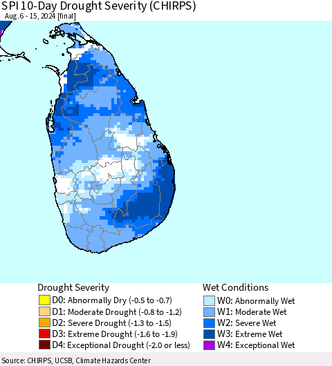 Sri Lanka SPI 10-Day Drought Severity (CHIRPS) Thematic Map For 8/6/2024 - 8/15/2024