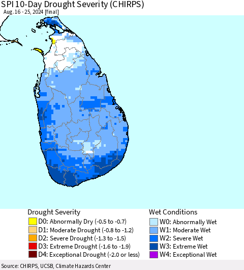 Sri Lanka SPI 10-Day Drought Severity (CHIRPS) Thematic Map For 8/16/2024 - 8/25/2024