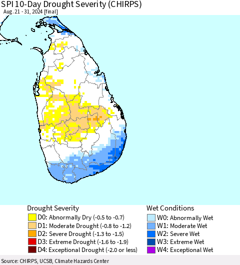Sri Lanka SPI 10-Day Drought Severity (CHIRPS) Thematic Map For 8/21/2024 - 8/31/2024