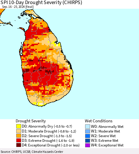 Sri Lanka SPI 10-Day Drought Severity (CHIRPS) Thematic Map For 9/16/2024 - 9/25/2024