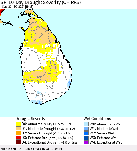 Sri Lanka SPI 10-Day Drought Severity (CHIRPS) Thematic Map For 9/21/2024 - 9/30/2024