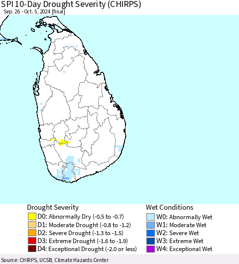 Sri Lanka SPI 10-Day Drought Severity (CHIRPS) Thematic Map For 9/26/2024 - 10/5/2024