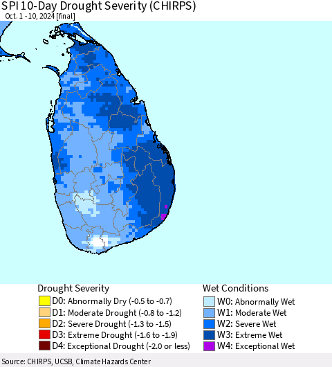Sri Lanka SPI 10-Day Drought Severity (CHIRPS) Thematic Map For 10/1/2024 - 10/10/2024