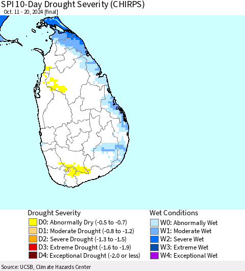 Sri Lanka SPI 10-Day Drought Severity (CHIRPS) Thematic Map For 10/11/2024 - 10/20/2024