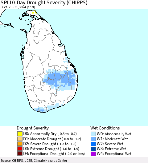 Sri Lanka SPI 10-Day Drought Severity (CHIRPS) Thematic Map For 10/21/2024 - 10/31/2024