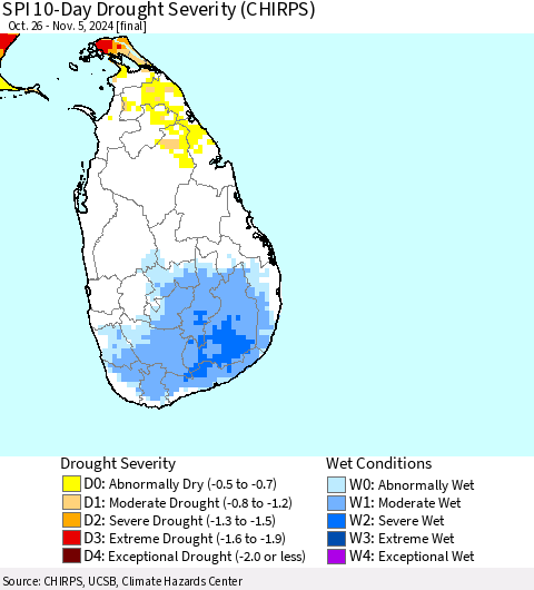 Sri Lanka SPI 10-Day Drought Severity (CHIRPS) Thematic Map For 10/26/2024 - 11/5/2024