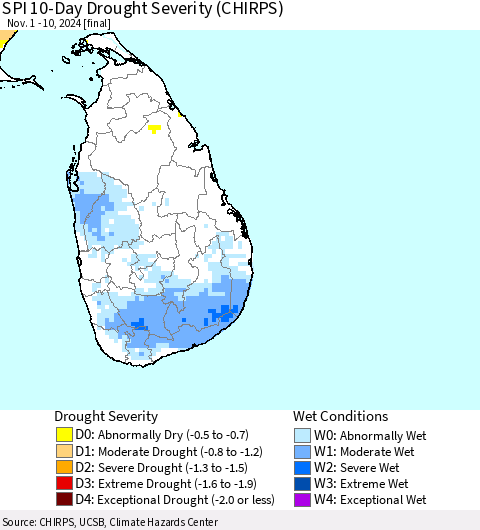 Sri Lanka SPI 10-Day Drought Severity (CHIRPS) Thematic Map For 11/1/2024 - 11/10/2024