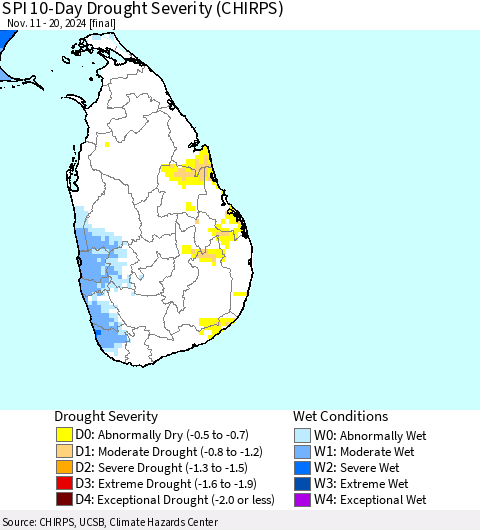 Sri Lanka SPI 10-Day Drought Severity (CHIRPS) Thematic Map For 11/11/2024 - 11/20/2024