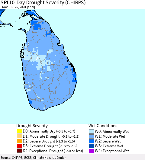 Sri Lanka SPI 10-Day Drought Severity (CHIRPS) Thematic Map For 11/16/2024 - 11/25/2024