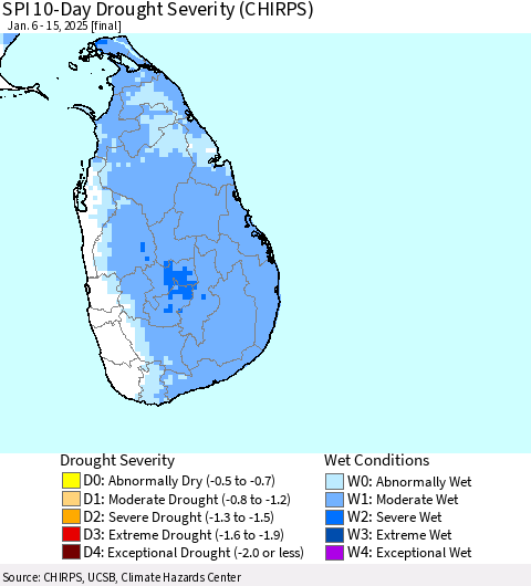 Sri Lanka SPI 10-Day Drought Severity (CHIRPS) Thematic Map For 1/6/2025 - 1/15/2025