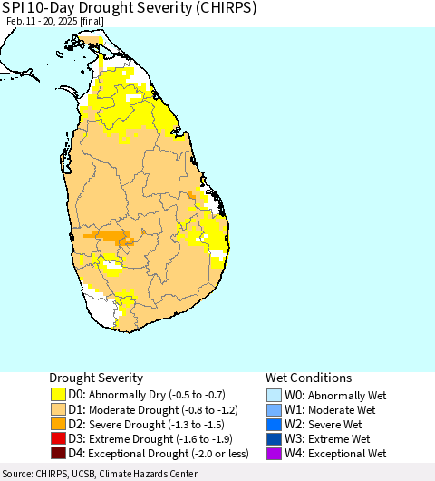 Sri Lanka SPI 10-Day Drought Severity (CHIRPS) Thematic Map For 2/11/2025 - 2/20/2025