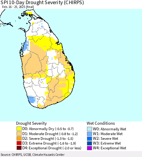 Sri Lanka SPI 10-Day Drought Severity (CHIRPS) Thematic Map For 2/16/2025 - 2/25/2025