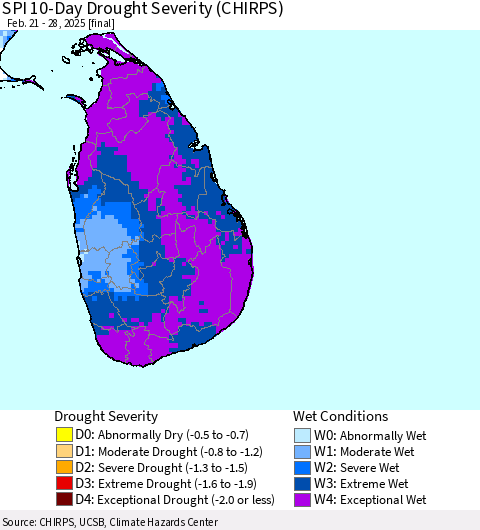 Sri Lanka SPI 10-Day Drought Severity (CHIRPS) Thematic Map For 2/21/2025 - 2/28/2025