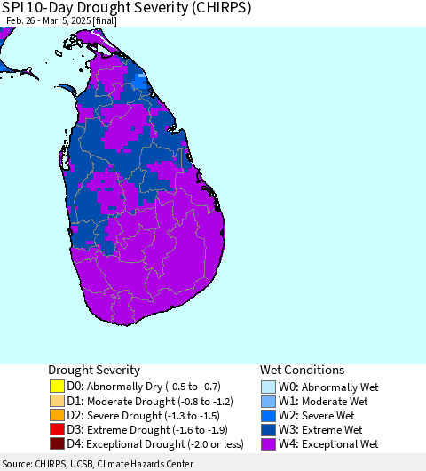 Sri Lanka SPI 10-Day Drought Severity (CHIRPS) Thematic Map For 2/26/2025 - 3/5/2025