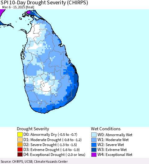 Sri Lanka SPI 10-Day Drought Severity (CHIRPS) Thematic Map For 3/6/2025 - 3/15/2025