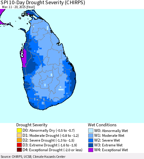 Sri Lanka SPI 10-Day Drought Severity (CHIRPS) Thematic Map For 3/11/2025 - 3/20/2025