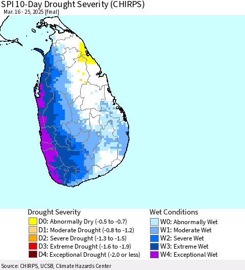Sri Lanka SPI 10-Day Drought Severity (CHIRPS) Thematic Map For 3/16/2025 - 3/25/2025