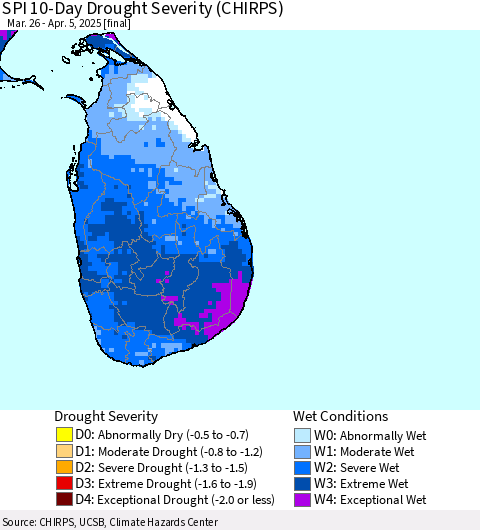Sri Lanka SPI 10-Day Drought Severity (CHIRPS) Thematic Map For 3/26/2025 - 4/5/2025