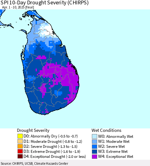 Sri Lanka SPI 10-Day Drought Severity (CHIRPS) Thematic Map For 4/1/2025 - 4/10/2025