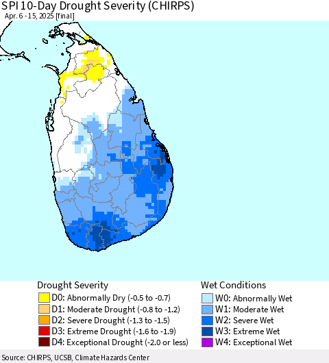 Sri Lanka SPI 10-Day Drought Severity (CHIRPS) Thematic Map For 4/6/2025 - 4/15/2025