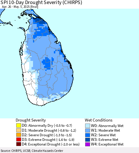 Sri Lanka SPI 10-Day Drought Severity (CHIRPS) Thematic Map For 4/26/2025 - 5/5/2025