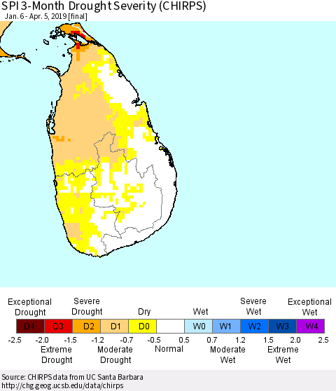 Sri Lanka SPI 3-Month Drought Severity (CHIRPS) Thematic Map For 1/6/2019 - 4/5/2019