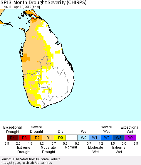 Sri Lanka SPI 3-Month Drought Severity (CHIRPS) Thematic Map For 1/11/2019 - 4/10/2019