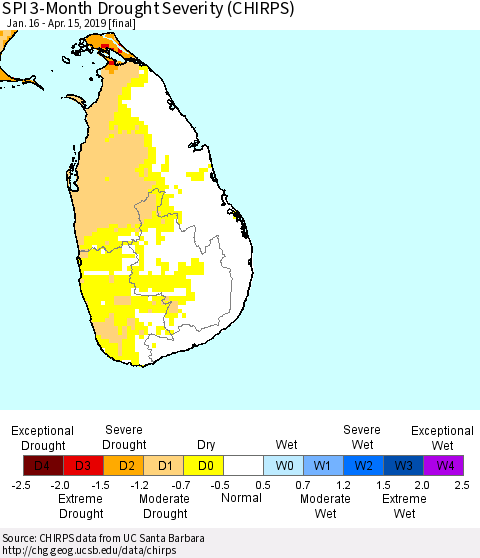 Sri Lanka SPI 3-Month Drought Severity (CHIRPS) Thematic Map For 1/16/2019 - 4/15/2019