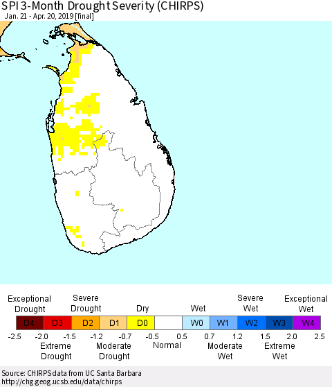 Sri Lanka SPI 3-Month Drought Severity (CHIRPS) Thematic Map For 1/21/2019 - 4/20/2019