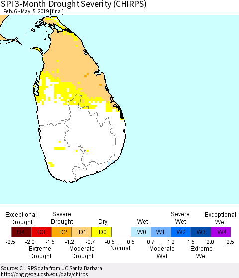 Sri Lanka SPI 3-Month Drought Severity (CHIRPS) Thematic Map For 2/6/2019 - 5/5/2019