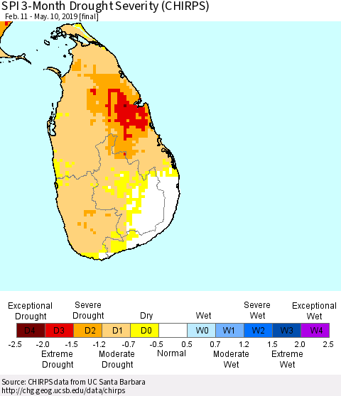 Sri Lanka SPI 3-Month Drought Severity (CHIRPS) Thematic Map For 2/11/2019 - 5/10/2019