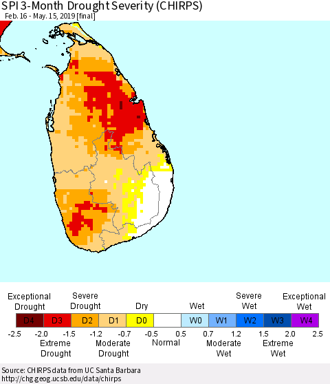 Sri Lanka SPI 3-Month Drought Severity (CHIRPS) Thematic Map For 2/16/2019 - 5/15/2019
