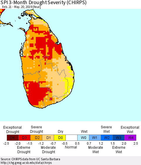 Sri Lanka SPI 3-Month Drought Severity (CHIRPS) Thematic Map For 2/21/2019 - 5/20/2019