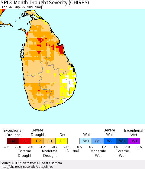 Sri Lanka SPI 3-Month Drought Severity (CHIRPS) Thematic Map For 2/26/2019 - 5/25/2019